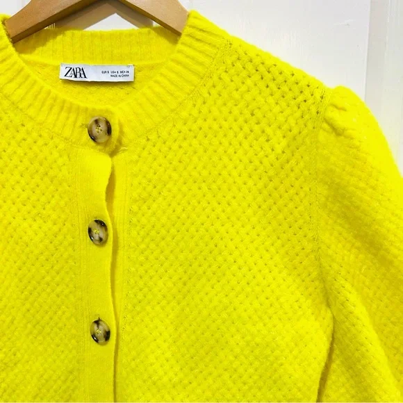 ZARA Bright Yellow Crop Cardigan Neon Retro Feminine Romantic Y2K 90s Size S - Picture 3 of 7